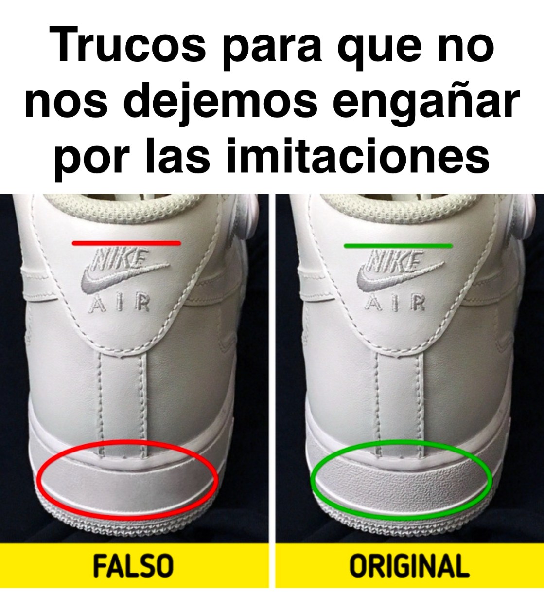 Comparación entre zapato falso y original